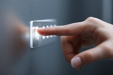 Close-up of a hand touching a modern touch panel interface.