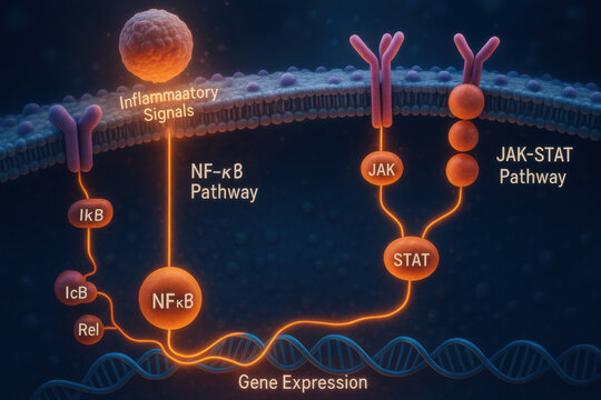 Medical diagram of JAK STAT signaling pathway in cell biology. detailed look at complex gene expression process, showing an intricate intracellular view