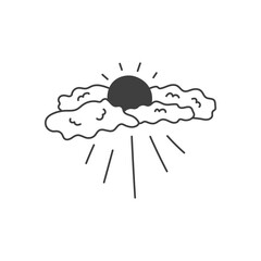 Sun Behind Clouds Illustration. Minimal sky symbol drawn in ink style, abstract hand drawn vector artwork for decorative nature themed designs
