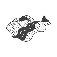 River Valley Landscape Drawing. Hand drawn ink terrain vector illustration with flowing water, abstract countryside scenery for aesthetic decoration usage
