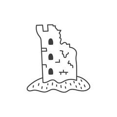 Ruined Castle Fantasy Illustration. Ancient stone fortress drawing with whimsical mood, hand drawn ink artwork for medieval aesthetic decorative projects