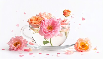 Floral arrangement of roses in clear teacup on white, with floating hearts