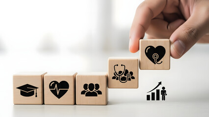 Conceptual representation of career growth and professional development with icons signifying education, health, teamwork, and success