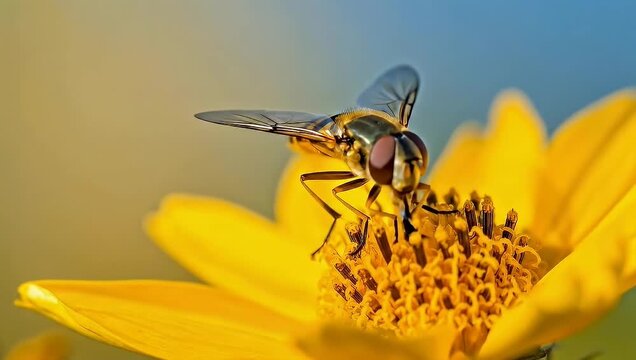 Close-up of a hoverfly on a yellow flower, pollinating in nature.
