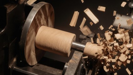 Woodworking lathe in action, shaping wood with precision and skill, creating shavings.