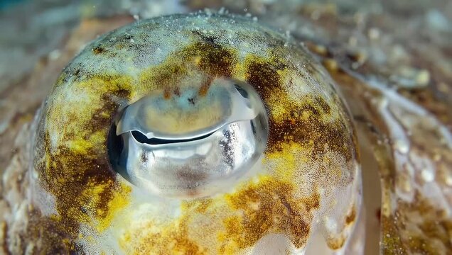 Close-up of a cuttlefish eye, showcasing intricate details and aquatic life.