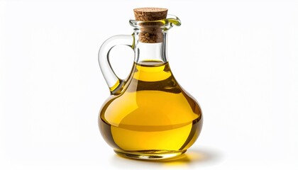A glass cruet, full of yellow liquid, with a cork stopper, isolated on white