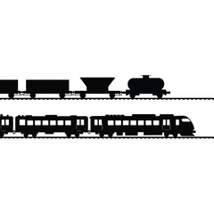 Black silhouettes of train and passenger railcar on white background