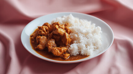 ピンクのテーブルクロスの上で白い皿に盛り付けられた鶏肉たっぷりの本格チキンカレー