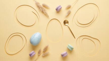 Easter themed flat lay with pastel macarons and egg on yellow background with golden spoon and wheat with spring and holiday and food and dessert