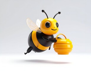A cheerful cartoon bee carrying a honey pot, flying against a white backdrop