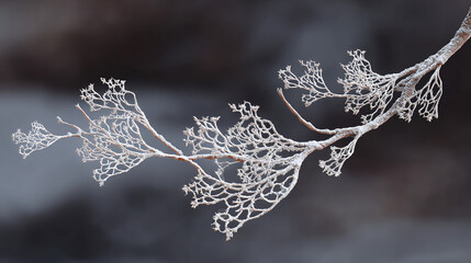 An ice-covered tree branch, showcasing intricate patterns of frost