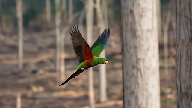 Colorful parrot soaring through the air in a lush forest environment, vibrant colors.