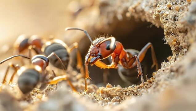 Close-up view of ants crawling around their anthill in nature.