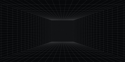 Futuristic perspective grid box. Abstract wireframe with white grid line on black background. Virtual reality landscape in 80s 90s digital style. Vector