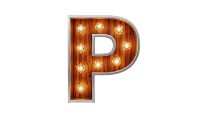 Marquee letter P with lights and wood texture