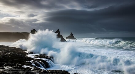 Rough waves crash against rocky shoreline under stormy skies