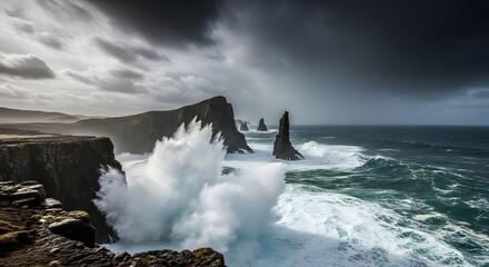 Rocky coastline with waves crashing against cliffs under a stormy sky