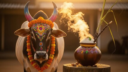 Decorated bull stands with steaming pot of rice and sugarcane outdoors at sunset.