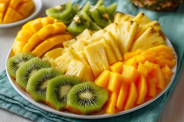 Vibrant fruit platter with pineapple, mango, and kiwi