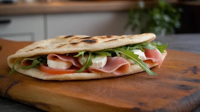Delicious Italian Piadina Sandwich with Prosciutto, Mozzarella and Fresh Arugula