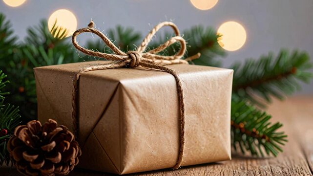The camera pushes toward a gift box as a pine branch sways and bokeh lights pulse softly