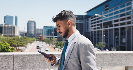 Phone, reading and notification with businessman in city for communication, networking or travel. App, corporate person and direction with employee outdoor in urban town for morning commute schedule