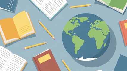 Open books and globe on a blue desk with pencils