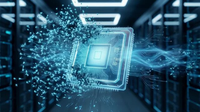 A futuristic computer chip floating in a digital environment, emitting light and particles, symbolizing advanced technology and innovation in data processing and computing power.