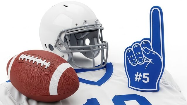 American Football Gear Helmet, Ball, Jersey, Fan Hand Sign, White Background