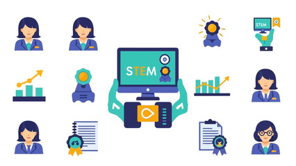 Infographic icon set featuring STEM and business elements on a clean white background, conveying a professional and educational mood with a flat lay composition.