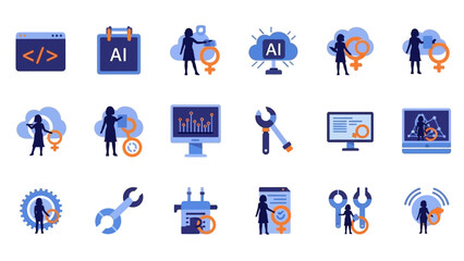Flat lay of a diverse set of blue and orange icons representing Women and Girls in Science Day, Science, and Infographic STEM concepts on a clean white background.