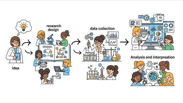 Infographic illustrating the scientific method steps with diverse people, including Women and Girls in Science Day theme, featuring research design, data collection, and analysis in a