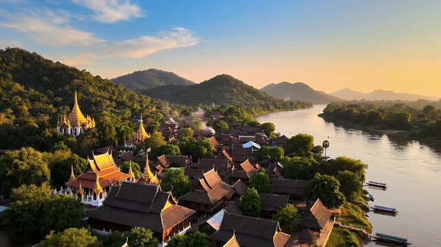 Golden Sunrise Over Luang Prabang: A Breathtaking Aerial View of Laos' Ancient City