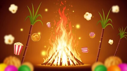 Bhogi festival bonfire with sugarcane, popcorn, and sweets, festive orange background with bokeh