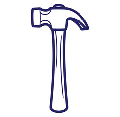 A simple detailed dark blue outline of a classic claw hammer isolated on white background
