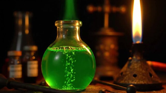 Green glowing potion in glass bottle on wooden table with candlelight