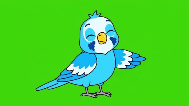 An adorable cartoon blue parakeet with playful markings stands gently on a vibrant green background.