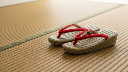 Traditional Japanese Geta sandals with red straps resting on a woven tatami mat in a softly lit room.