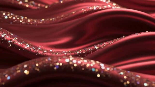 A close-up of luxurious red fabric with sparkling glitter in elegant folds.