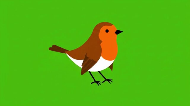 A simplified graphic illustration of a classic European robin stands facing left on a vibrant green background.
