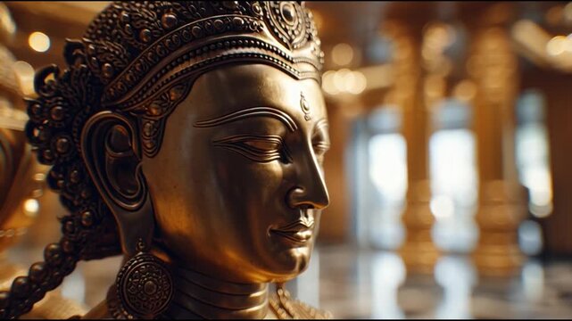 Golden Hindu God Statue in Ornate Temple Hall
