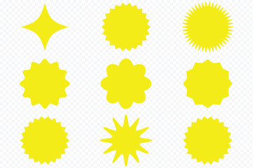 red starburst sale sticker tag icons set collection style. Set of starburst price tags. Round sticker collection with wavy edges, black promo badges, and blank sale labels. Simple flat vintage style.