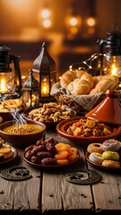 Fototapeta premium Celebrating Ramadhan with traditional food and lanterns on a wooden table