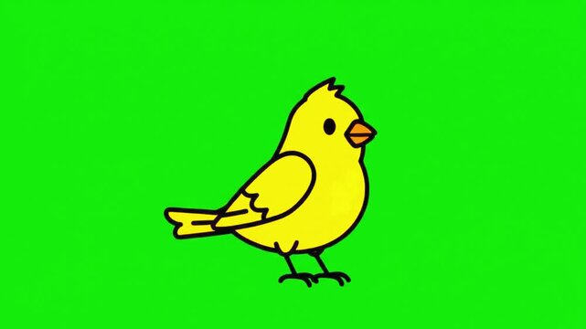 A cheerful and simple cartoon yellow canary bird stands gently on a vibrant green background.