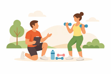 Energetic fitness coaching in park with trainer holding clipboard while female trainee lifting light weights near water bottle feeling determined during outdoor workout session with personal coach