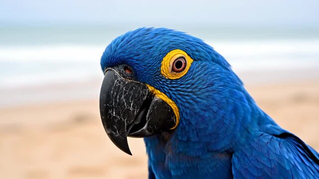 Close-up of a vibrant blue Hyacinth Macaw parrot with a striking yellow eye.