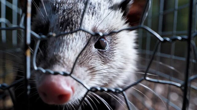 Close-up of a small animal behind a wire cage, looking directly at the camera.