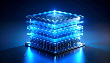 Glowing layered digital core with neon blue light