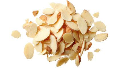 Slivered almonds piled, showing brown skin details, contrasted on black back